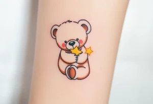 A teddy bear hugging a tiny star, in soft brown and glowing yellow, representing comfort and security. tattoo idea