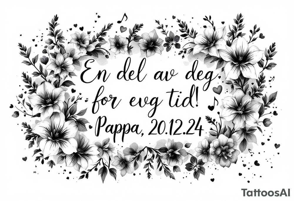 Quote in two rows; En del av deg for evig tid! Pappa, 20.12.24. Surround the quote with gladioluses on both sides, hearts, music notes and an anchor. tattoo idea