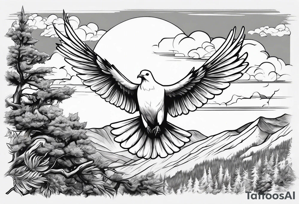 White Dove on a tree branch at the top of the mountain with an eagle soaring overhead tattoo idea