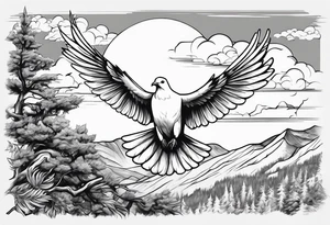White Dove on a tree branch at the top of the mountain with an eagle soaring overhead tattoo idea