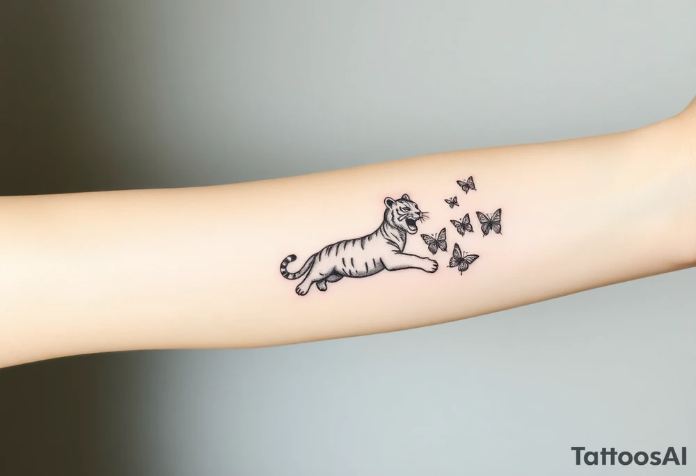 Tiger cub stretching catching 3 butterflies tattoo idea
