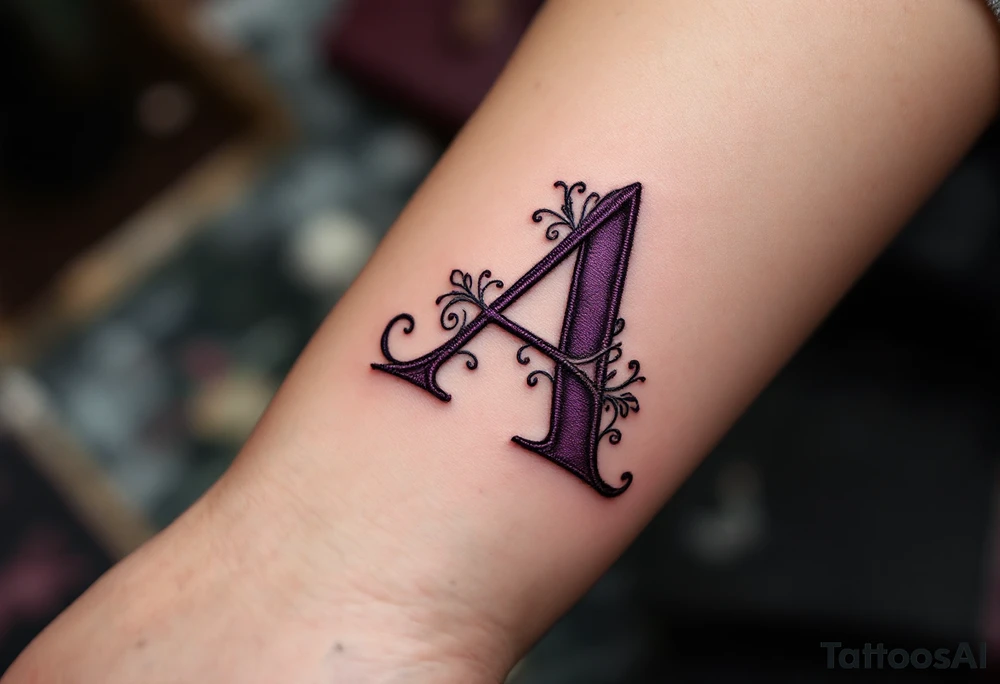 A stitched "A" design in dark purple and black, resembling embroidery. tattoo idea