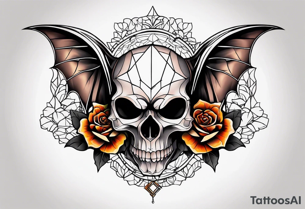 blackwork  Bat Knee tattoo in fall colors showing a large skull with a rose in the style tattoo idea