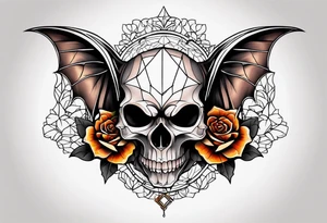 blackwork  Bat Knee tattoo in fall colors showing a large skull with a rose in the style tattoo idea
