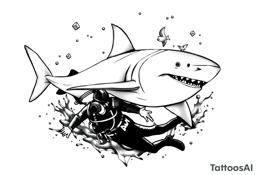 Generate a dive scene including a shark and a diver tattoo idea Generate a dive scene including a shark and a diver tattoo idea