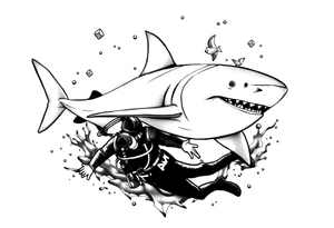 Generate a dive scene including a shark and a diver tattoo idea