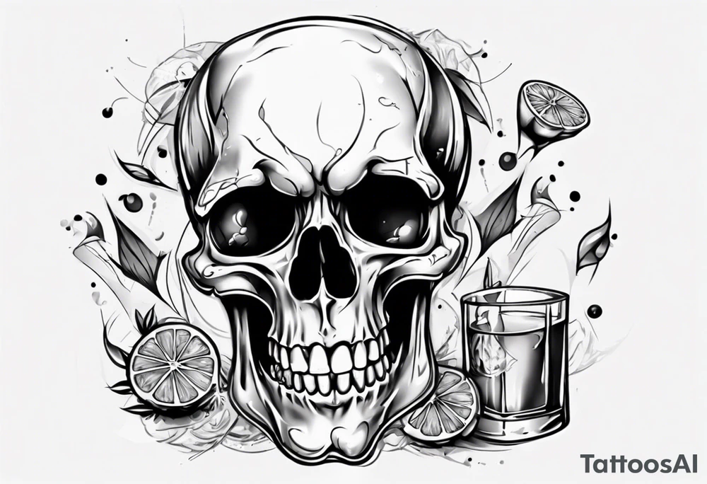 A smiling looking to the left scull inside the glass with alcohol and piece of lime tattoo idea