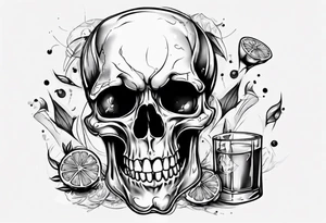 A smiling looking to the left scull inside the glass with alcohol and piece of lime tattoo idea