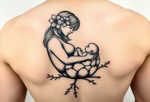 Mère assise qui allaite son bébé, la mère à une fleur de lys sur la tête et des racines d’arbre de vie à ses pieds elle est enveloppé dans un œuf tattoo idea