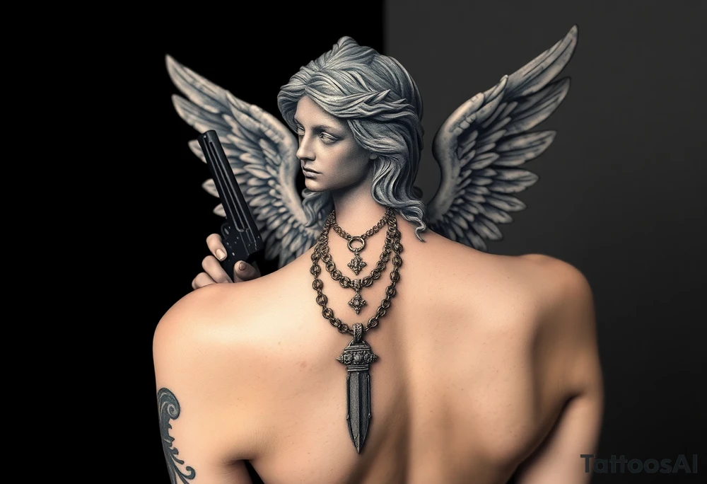 old angel statue in criminal style, tattooed and at the same time contemporary, weapons in hand, gangster-style gold necklaces tattoo idea