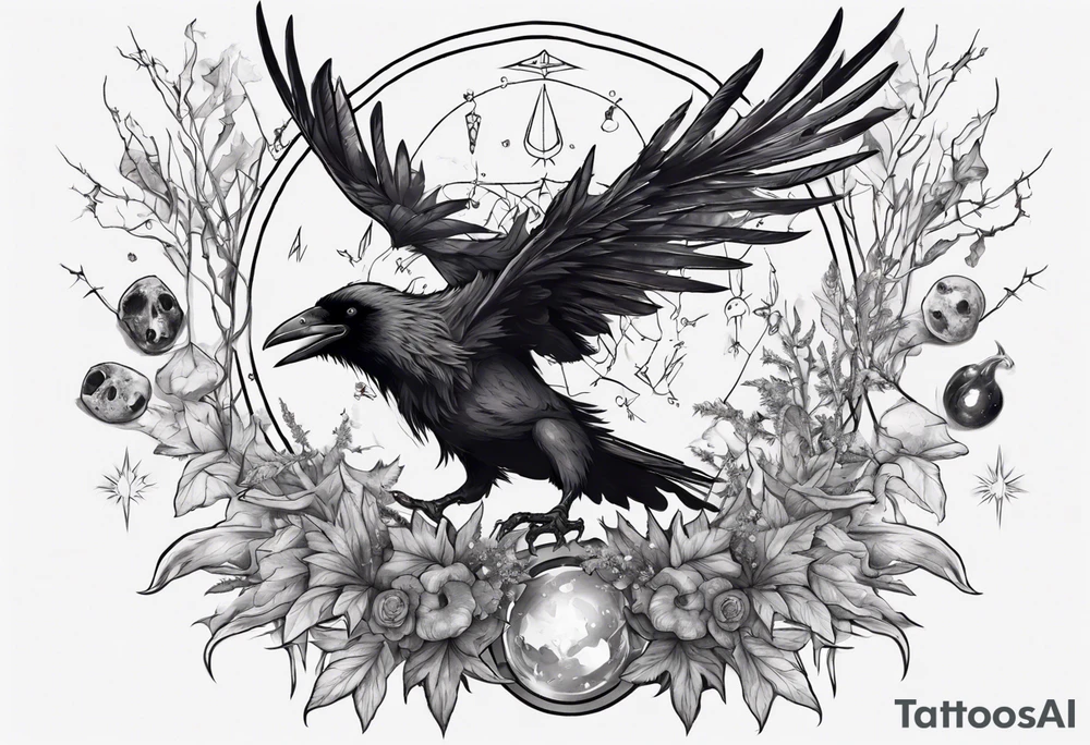 Demon crowned raven surrounded by poisonous plants, crystals and astrology. tattoo idea