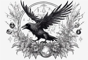 Demon crowned raven surrounded by poisonous plants, crystals and astrology. tattoo idea