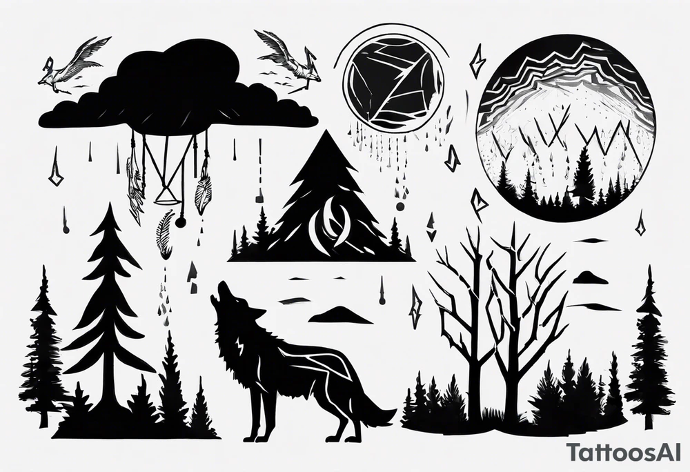 thunderstorm over a forest with a wolf howling on drums tattoo idea thunderstorm over a forest with a wolf howling on drums tattoo idea