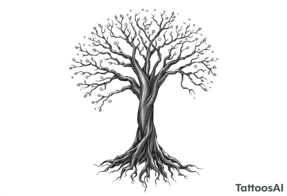 mystical tree of life with cosmic roots and celestial branches tattoo idea