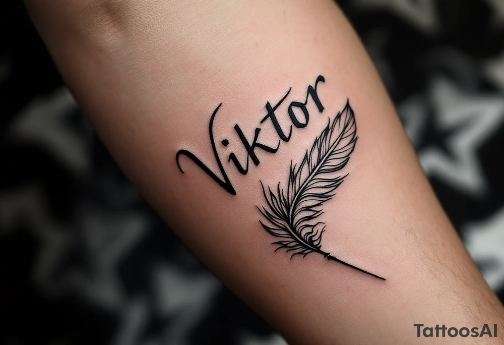 Feather quill writing "Viktor – 7.5.2020 v 6:06" in classic black and silver shading. tattoo idea