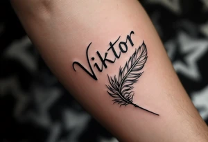 Feather quill writing "Viktor – 7.5.2020 v 6:06" in classic black and silver shading. tattoo idea