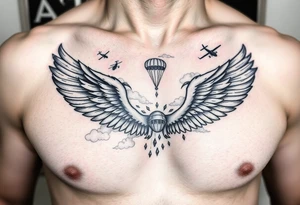 tattoo only  n the left side of the chest, paratrooper wings in the clouds with helicopters and paratroopers tattoo idea