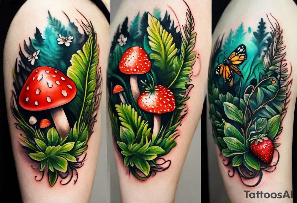 forest floor inspired realistic tattoo, which includes grass, curly ferns and dead leaves as the bulk of the tattoo. details to include: three  tiny strawberries, couple of very small mushrooms, a tiny bumblebee flying nearby tattoo idea