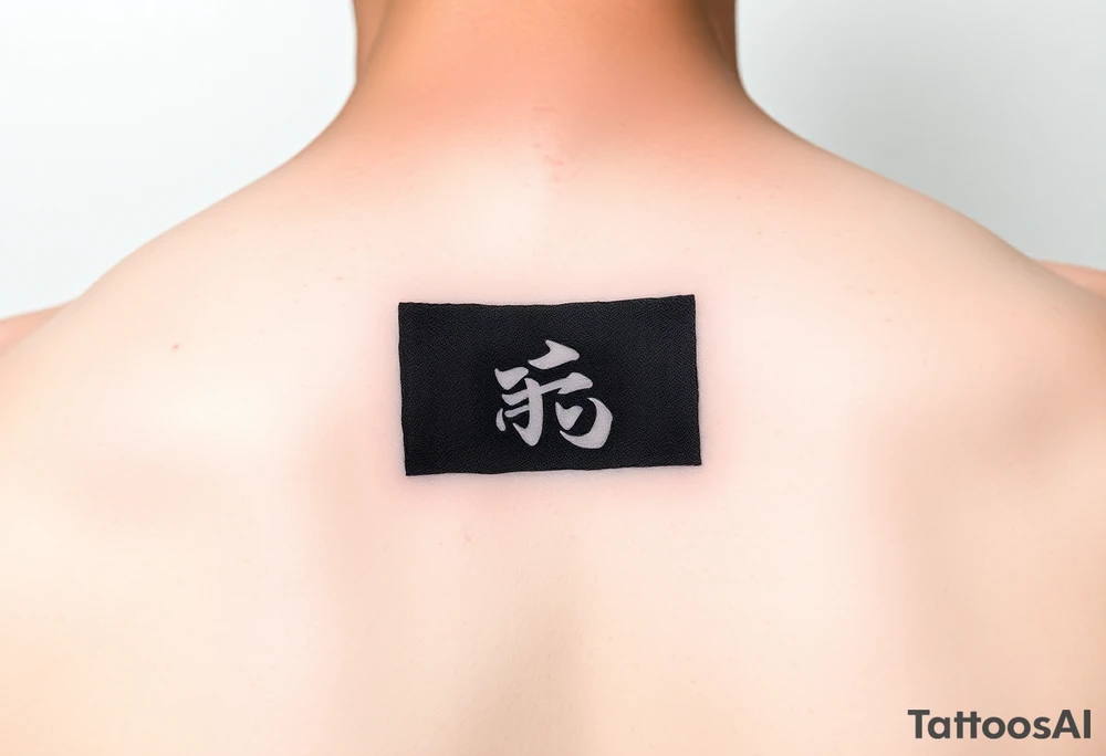 "Black rectangle tattoo (like phone screen) with single Kanji '悟' (enlightenment) inside. Matte effect, no shine. 5x3cm, inner arm placement." tattoo idea