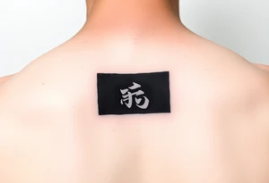 "Black rectangle tattoo (like phone screen) with single Kanji '悟' (enlightenment) inside. Matte effect, no shine. 5x3cm, inner arm placement." tattoo idea