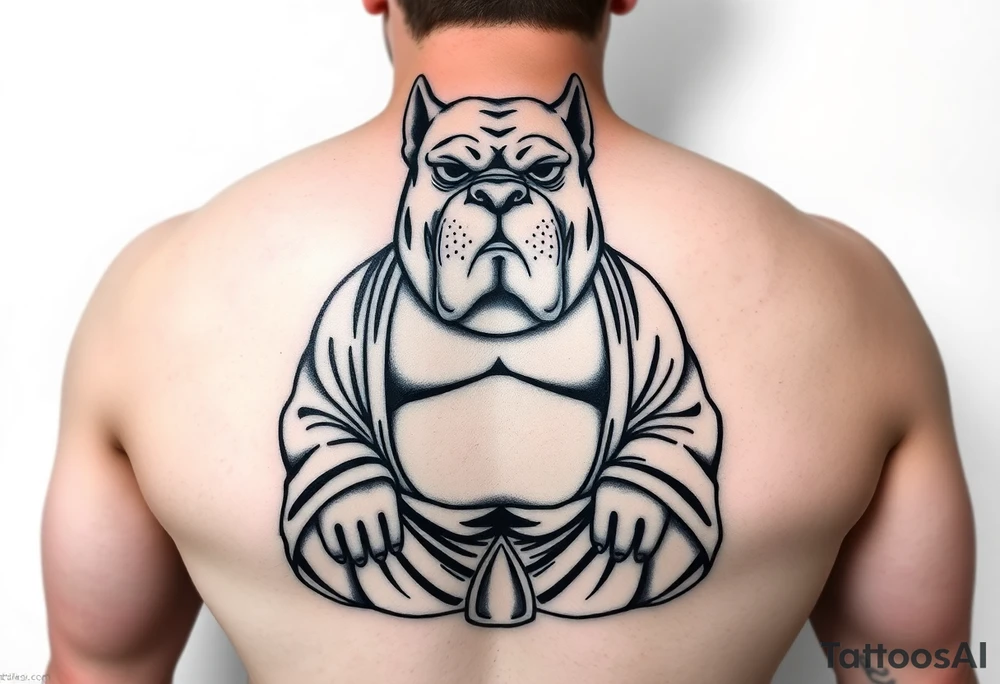 Meditating fat Buddha with happy pitbull head tattoo idea