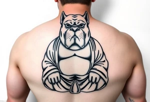 Meditating fat Buddha with happy pitbull head tattoo idea
