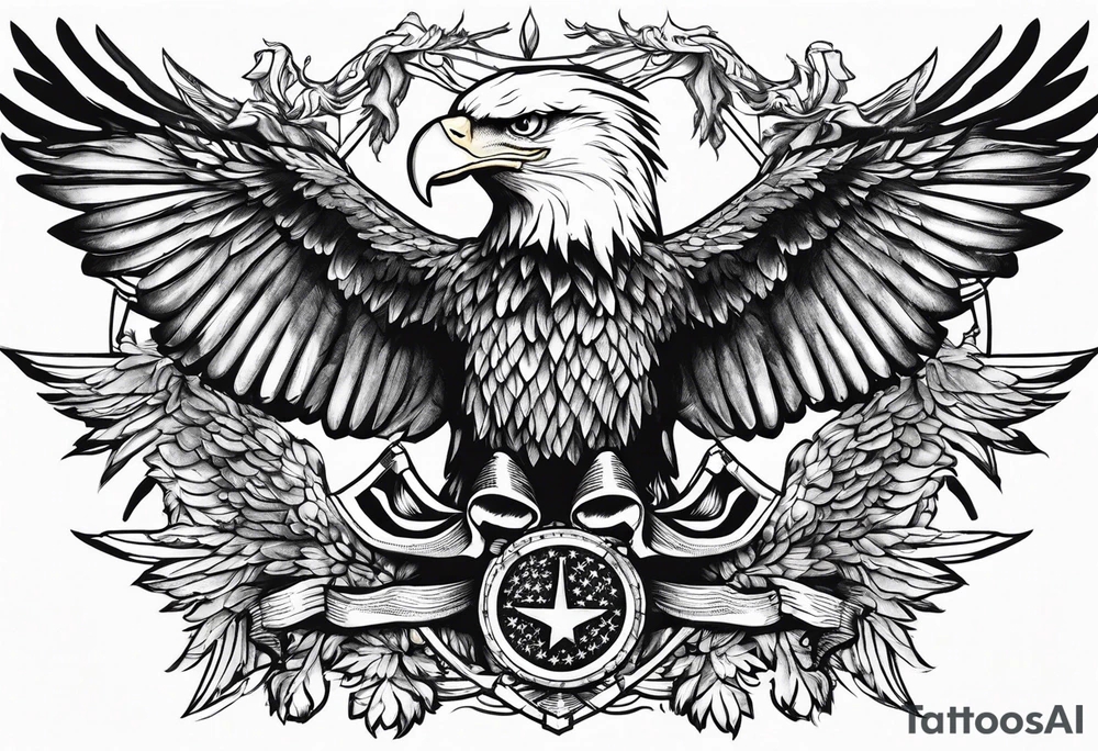 hanging flag with eagles flying under tattoo idea
