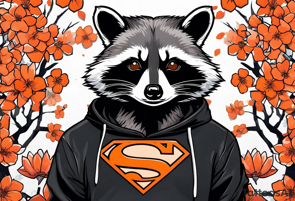 Raccoon wearing a white Superman logo on a black hoodie and orange Japanese cherry blossoms tattoo idea