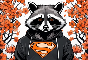 Raccoon wearing a white Superman logo on a black hoodie and orange Japanese cherry blossoms tattoo idea