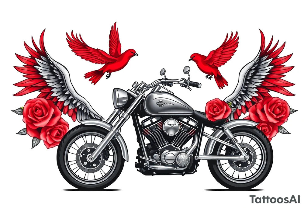 Harley grey motorcycle driving away, two red birds flying, roses, flames, angel wings tattoo idea
