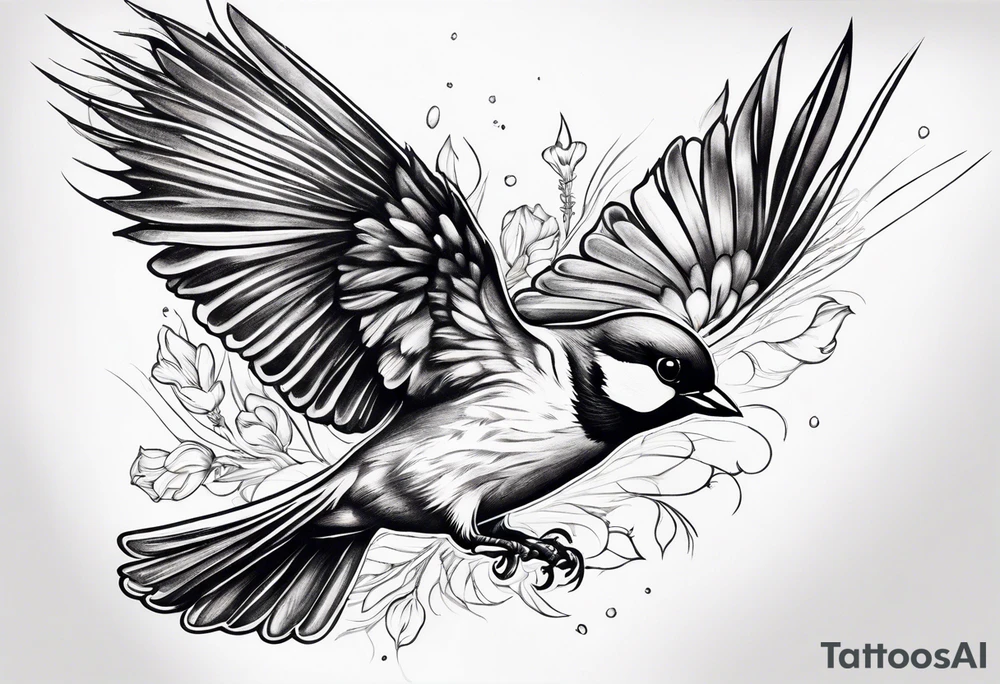 one flying
sparrow, sunrays,
make it a neck sleeve
add in a cosmos, iris, daisy, poppy and larkspur tattoo idea