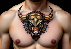 Gladiator Bull – Strong bull with armor helm over its forehead, fur in burnished bronze and dusty brown, and war paint streaked across the eyes. tattoo idea