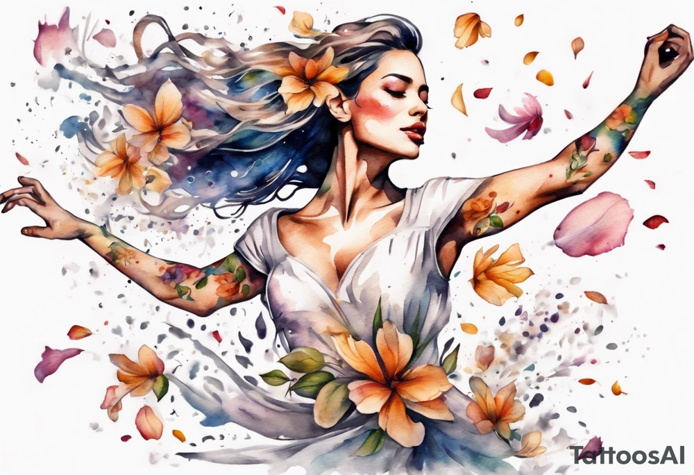 One Very feminine woman dancing in a wind of flower petals tattoo idea