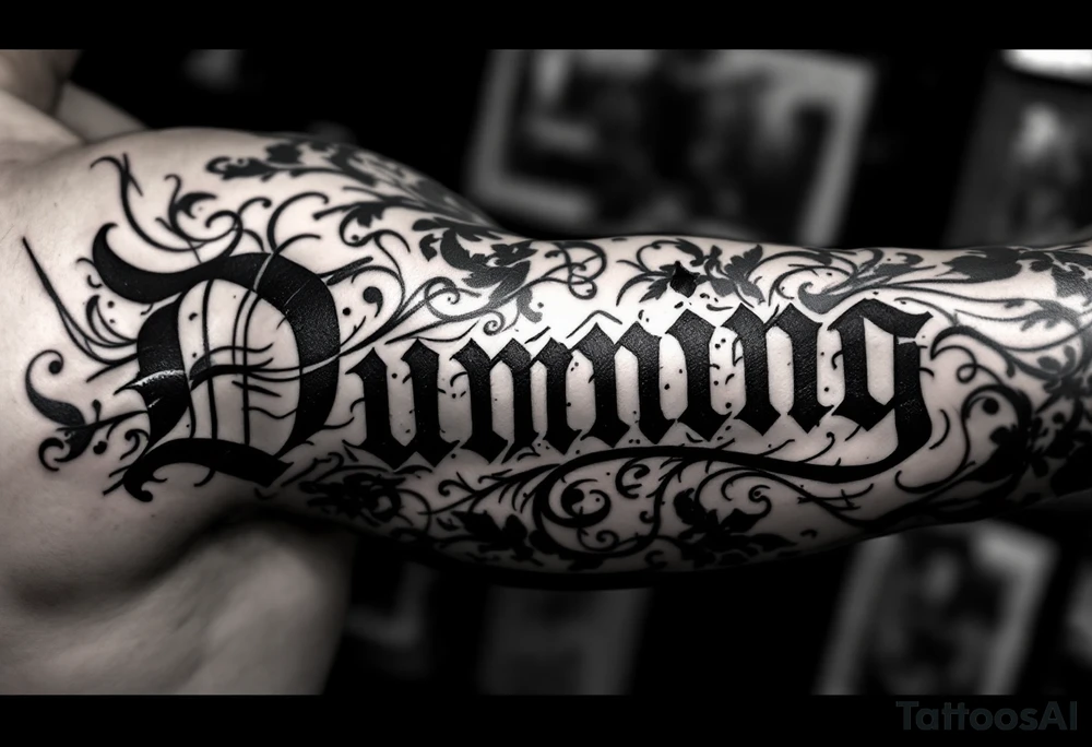 Dunning, left forearm details include angel wing, greek type of font,jungle leaves , tiger claw scratch tattoo idea