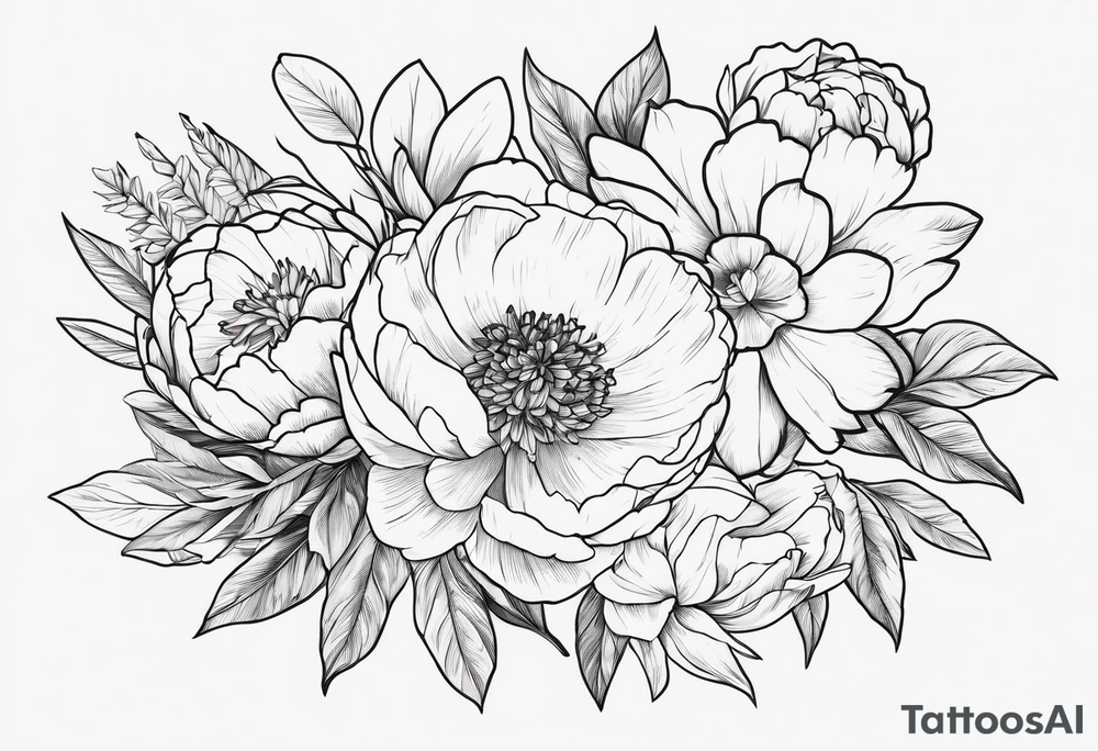 8 flowers to symboize 8 family design : 
peony, carnation, daffodil, daphne, dahlia, desiree, daisy and rose for a sleeve tattoo idea