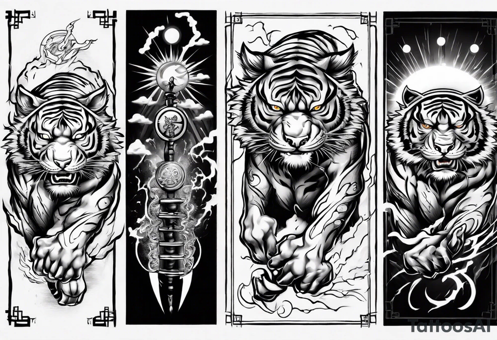 tiger warrior with lightning and the sun for a forearm sleeve tattoo idea
