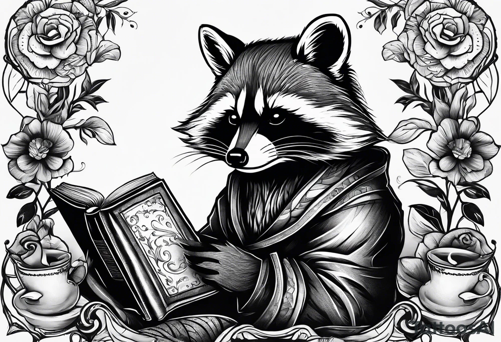 A raccoon drinking tea and reading a book tattoo idea A raccoon drinking tea and reading a book tattoo idea