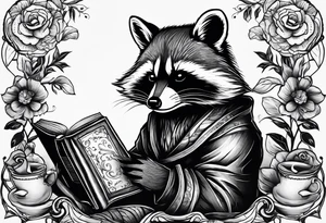 A raccoon drinking tea and reading a book tattoo idea