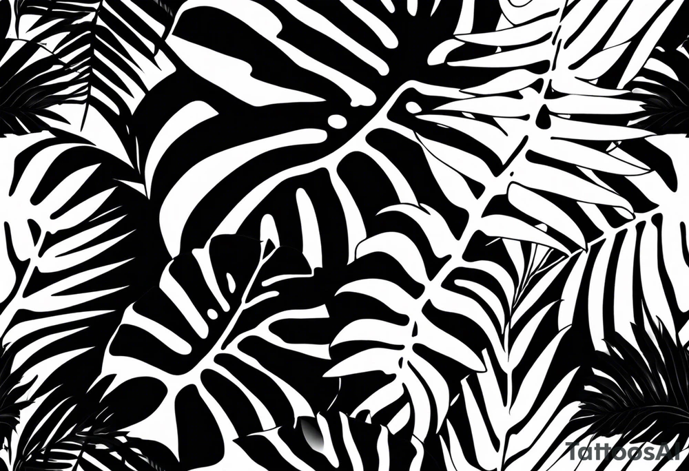 I want a monochrome tattoo in black gradients featuring a snake subtly hidden among the leaves of Raphidophora and Monstera. The snake should be coiled and partially visible, blending harmoniously with the detailed, large leaves of the plants. The Monstera leaves should have natural holes, while the Raphidophora leaves should be long and pointed. The overall style of the tattoo should be realistic, with shading and black gradients to create an elegant and mysterious effect. Put the tatoo on a black arm tattoo idea