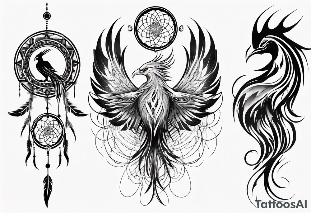 Vertical powerful Phoenix in circles with abstract dream catcher tail tattoo idea Vertical powerful Phoenix in circles with abstract dream catcher tail tattoo idea