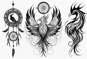 Vertical powerful Phoenix in circles with abstract dream catcher tail tattoo idea