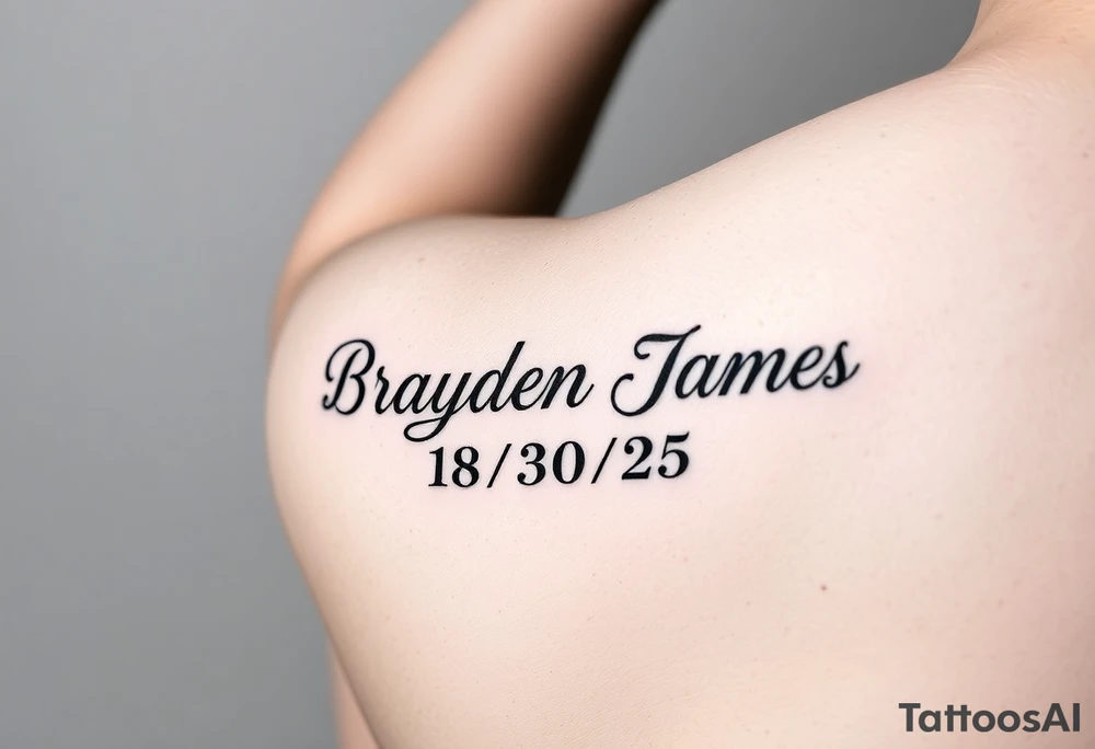 Brayden James name tattoo on forearm with dob 08/30/25 mother son dedicated female tattoo idea