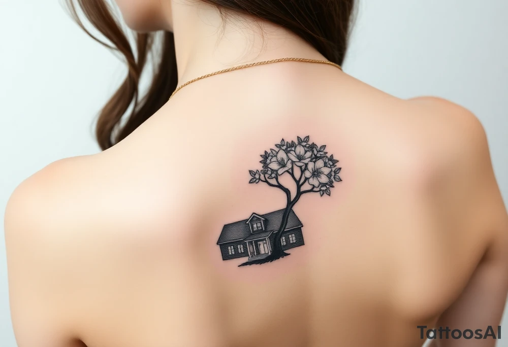 Texas Longhorn School with tree growing out of it with flowers blooming tattoo idea