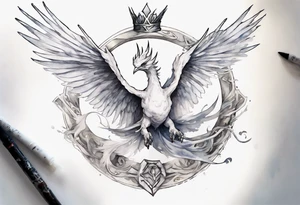 a white bird-wyrm hybrid, wearing a pewter crown on its head, flying in the air tattoo idea