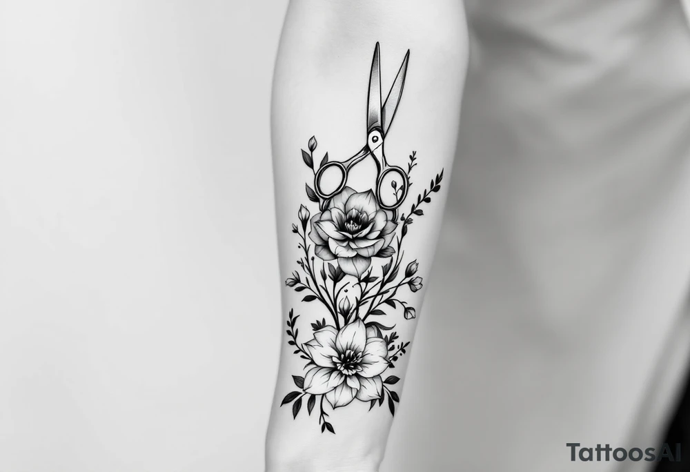large haircutting scissors going from wrist to elbow with a large hawthorn flower, larkspur, daffodil and vine woven around up and down the arm tattoo idea