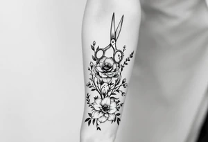 large haircutting scissors going from wrist to elbow with a large hawthorn flower, larkspur, daffodil and vine woven around up and down the arm tattoo idea