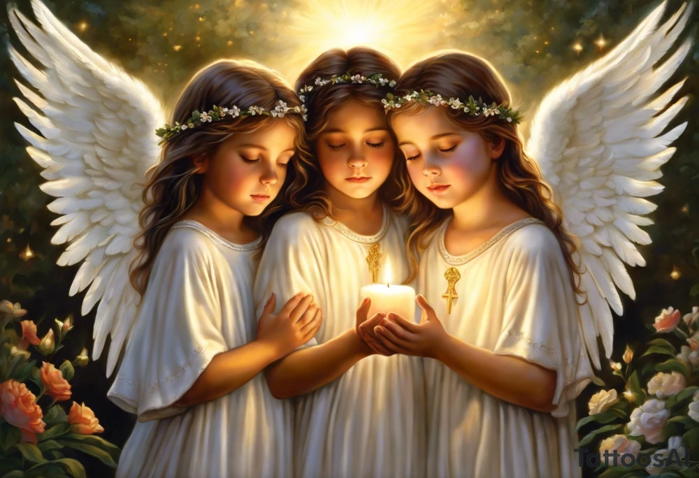 n the center of the tattoo, there's a serene scene of three angels praying together. The two boy angels are on either side of the girl angel, with their wings gently enfolding her in a protective embrace. Each angel has a peaceful expression on their face, and their hands are clasped together in prayer. Rays of light emanate from above, surrounding the angels with a divine glow. tattoo idea