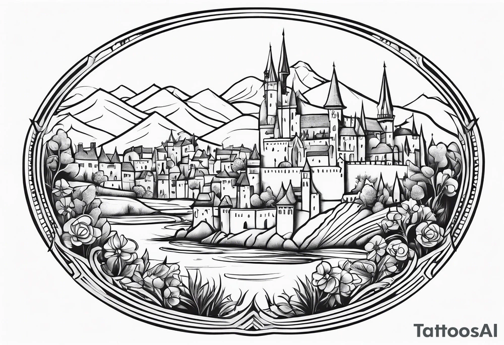 medieval tribal city 
floral  land  vignette tattoo idea