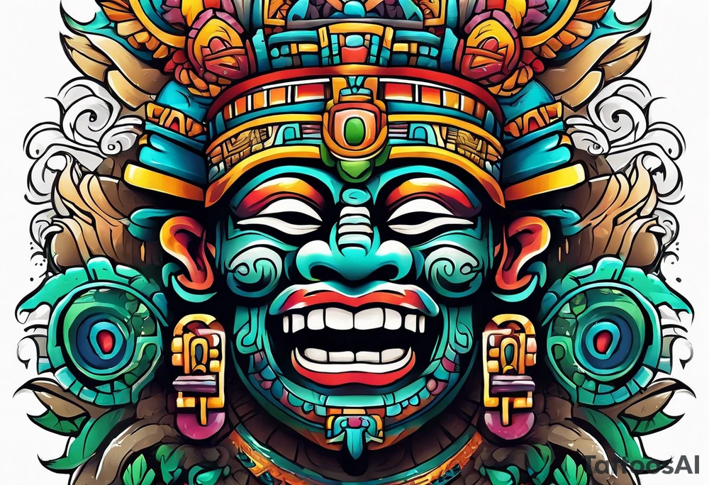 Colorful Mayan chaac with mouth as cave and water falling out tattoo idea