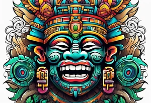 Colorful Mayan chaac with mouth as cave and water falling out tattoo idea